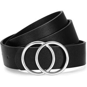 Women's Leather Belt Jeans Pants Fashion Waist Belt Ring Buckle Black Silver
